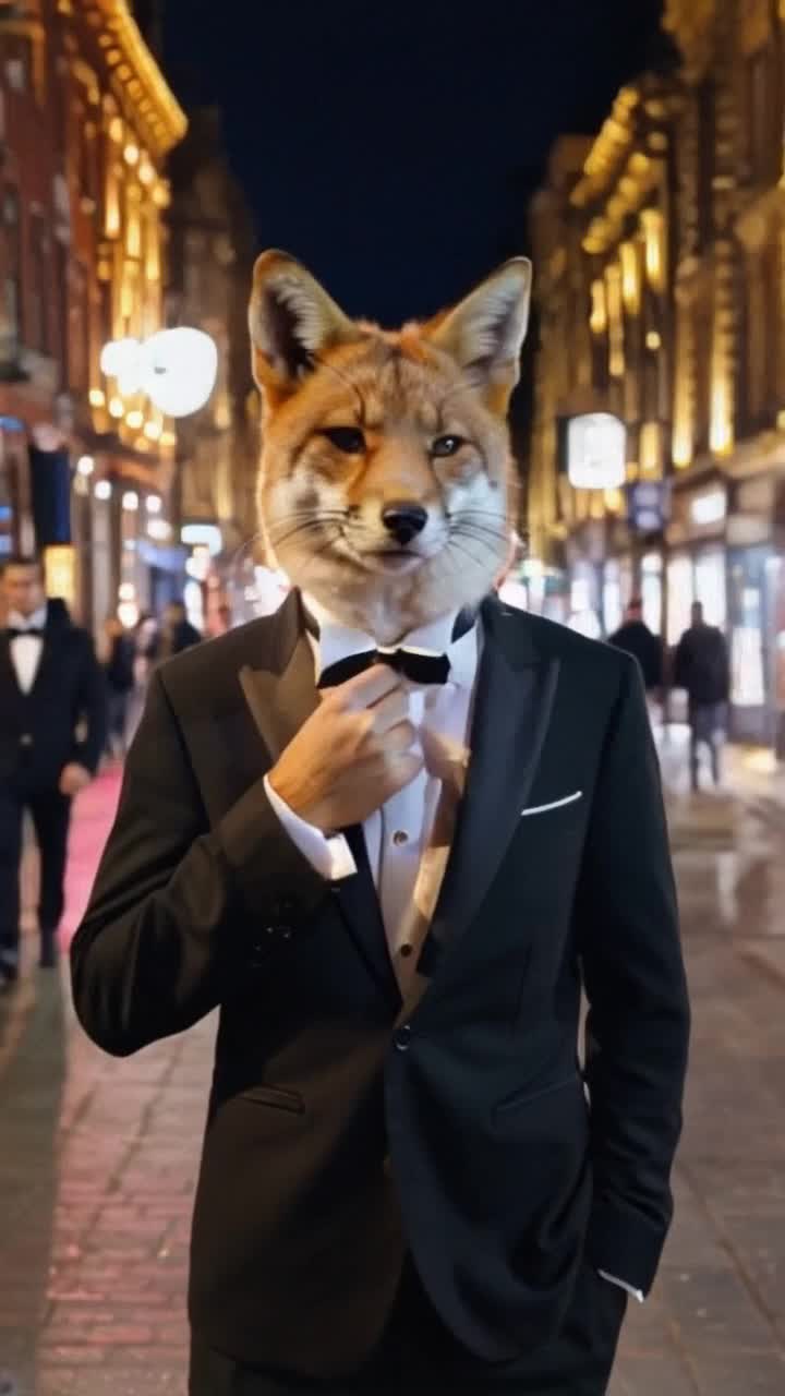Sophisticated fox in a tailored tuxedo adjusting bowtie with finesse Urban city street bustling with people vibrant lights casting shadows on brick buildings