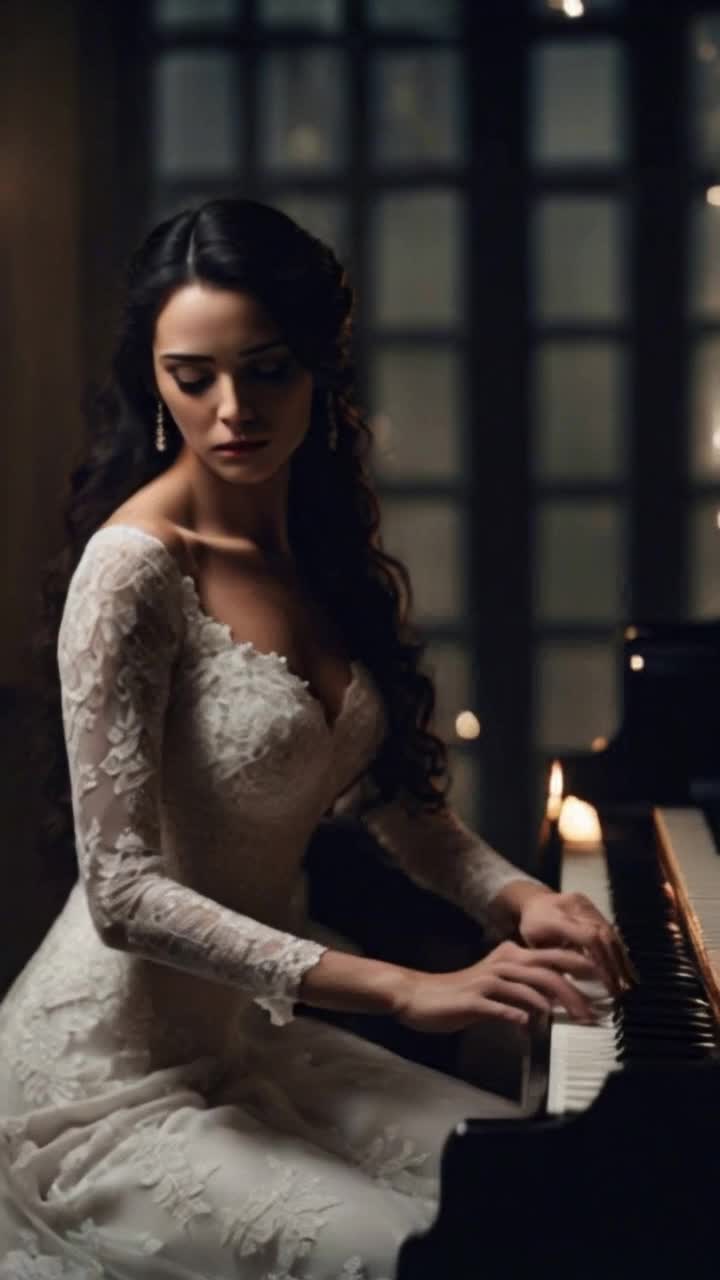 Slowly looks up at viewer, slowly playing piano, slowly singing the words,  echoes in the dark,  echoes all around 
