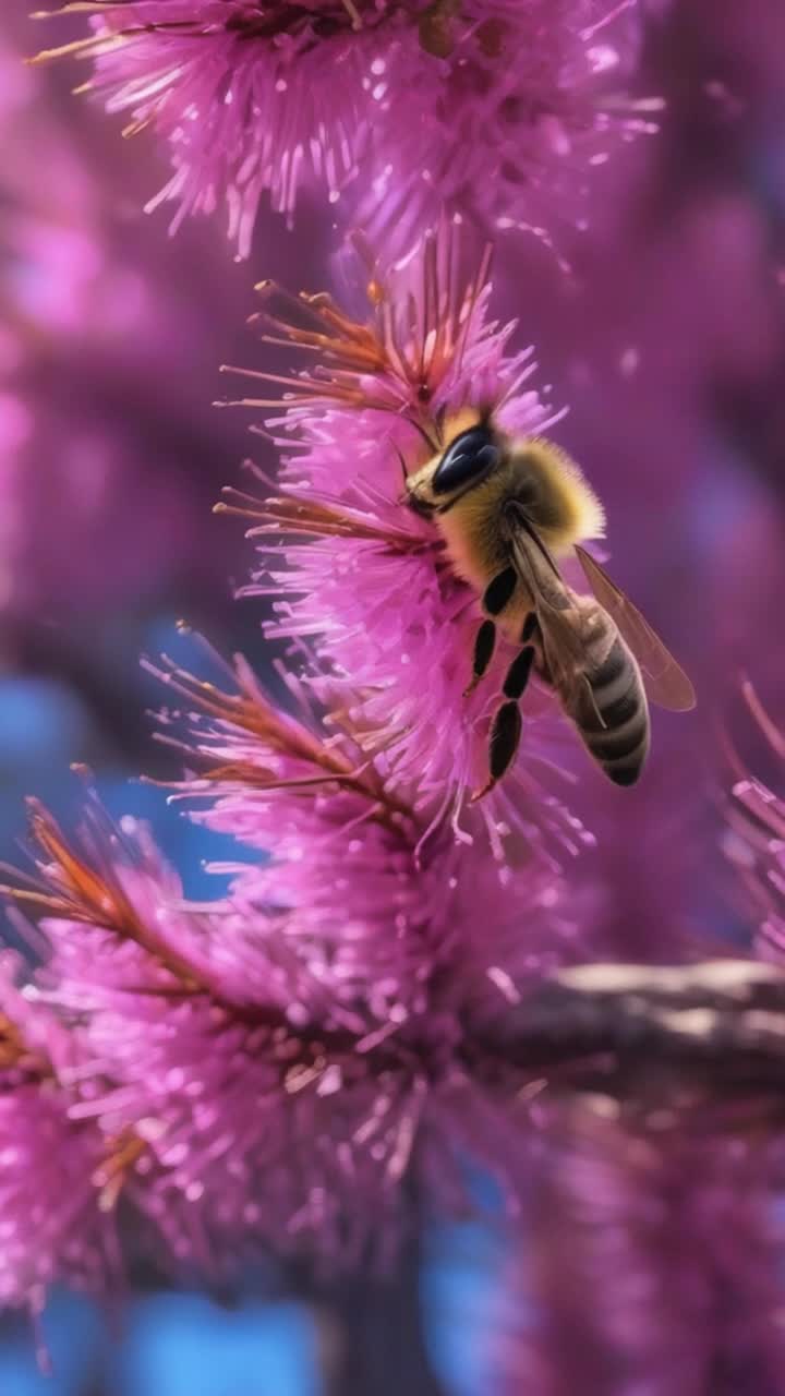 Hundreds of honey bees flying and annoying the blue dragon in the clearing of the pink pine forest
