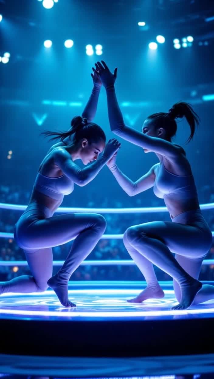 The rubber Olympics has two stunning women with elastic stretchy arms and legs competing in a wrestling match on a plasma boxing ring 