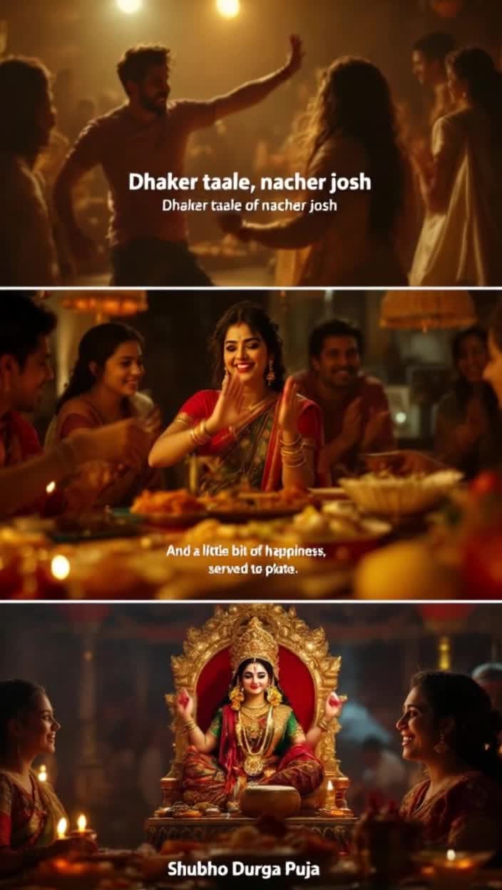  Video Dance shot You are seen dancing to the beat of a drum Friends are also dancing around you You can show off your dance steps by moving closer to the camera Text on screen Dhaker taale, nacher josh Beat of the drum, passion of dancing Audio Loud drum music and a segment of a popular Durga Puja songShot 4 2535 seconds Video Prasad and food shot You are seen eating the offerings You can take closeup shots of different dishes You can also take some shots of you chatting and laughing with friends Text on screen And a little bit of happiness, served on a plate Audio Joyful music or sounds of happy conversationShot 5 3545 seconds Video Final shot You are standing in front of the idol of Goddess Durga with folded hands  Smiling and waving at the camera You can show a closeup shot of the Durga idol at the end of the video Text on screen Shubho Durga Puja Audio Calm, traditional Durga Puja AartiTips Transitions Use sharp and engaging transitions between shots This will make the reel more enjoyable to watch Play of colors Make the reel more visually appealing with colors and lights Trending audio You can use trending Durga Puja audio or remixes Your own touch You can also add your own personal story or experience, such as spending time with family or another special momentThis script will give you a good start By adding your creativity, you can create a memorable reelHappy Durga Puja