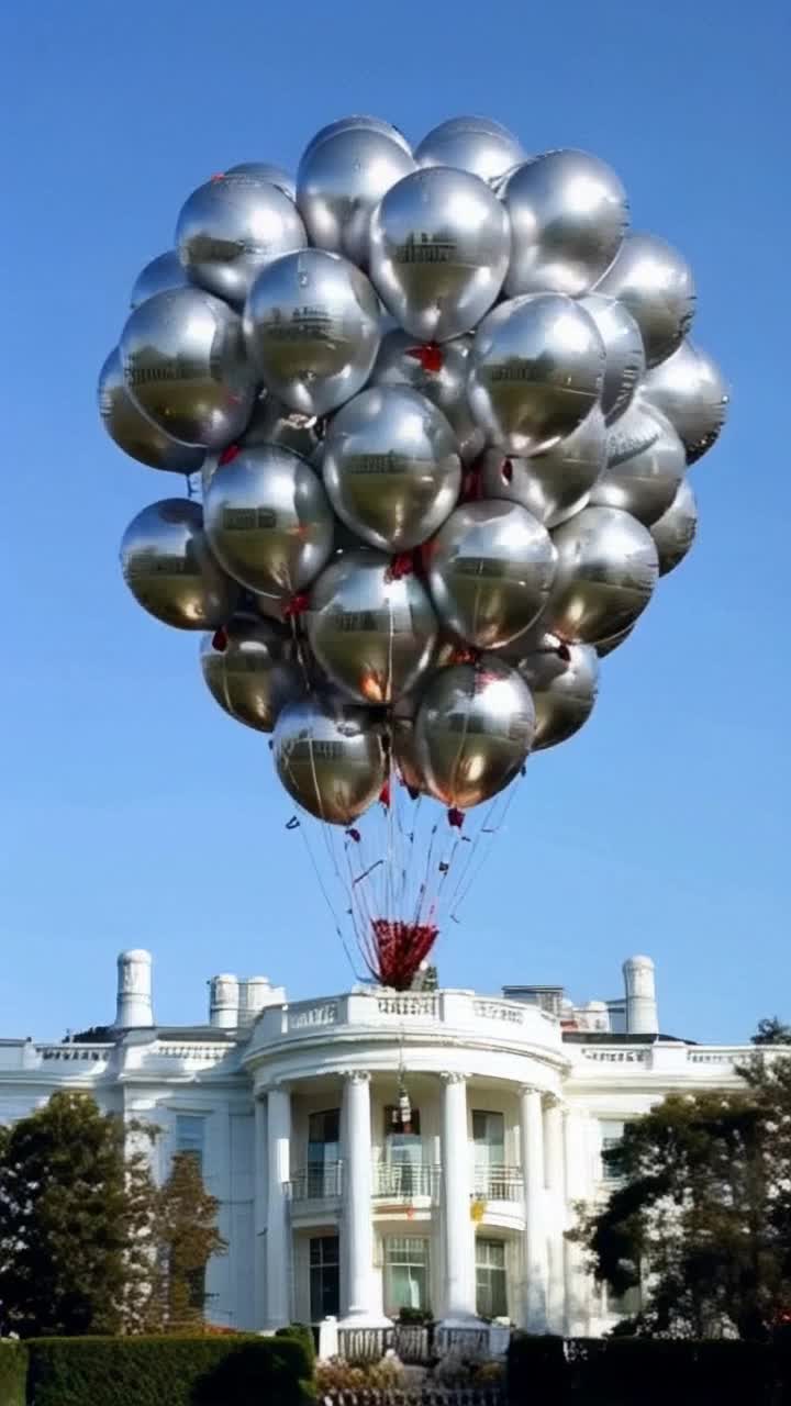 The character is The White House camera angle front pan upward to reveal hundreds of silver mylar balloons lifting the white house into the sky