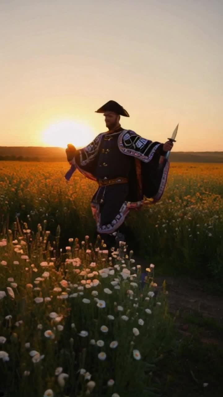 Ukrainian Cossack adorned in vibrant folklore  with intricate embroidery holding a saber raised in excitement dancing gracefully in an endless cornflower field bathed in soft golden hour light as the sun sets behind the horizon glowing warm hues spilling across the sky energizing the scene turning heads with effortless charm conveying confidence while slightly bending arms and legs expressing genuine emotion with a relaxed smile soft breeze rustling through the fabric of the  enhancing the dynamic effect creating a stunning visual narrative that captures the essence of tradition and grace
