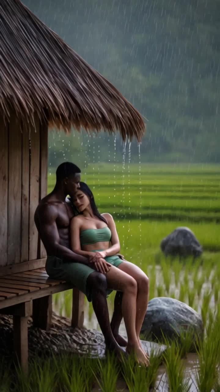 heavy rain, man hugs woman tightly romantically