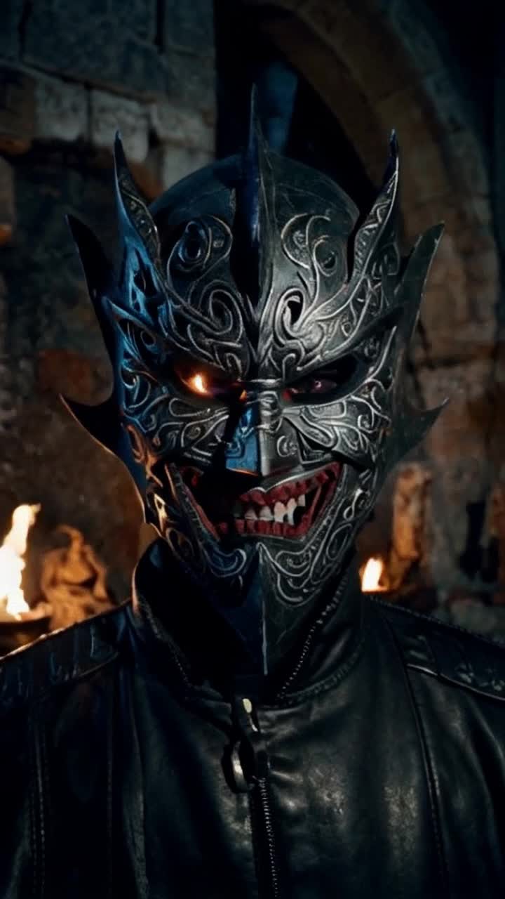 Intricate mask adorned with swirling patterns reflecting darkness and mischief vibrantly designed with sharp angles and menacing eyes worn by a fierce embodiment of rebellion standing defiantly with a sly grin showcasing bold energy emanating from every fiber of its being surrounded by shadowy tomblike environment filled with ancient relics flickering torchlight casting eerie shadows illuminating cracked stone walls and remnants of lost civilization creating an atmosphere of mystique and allure