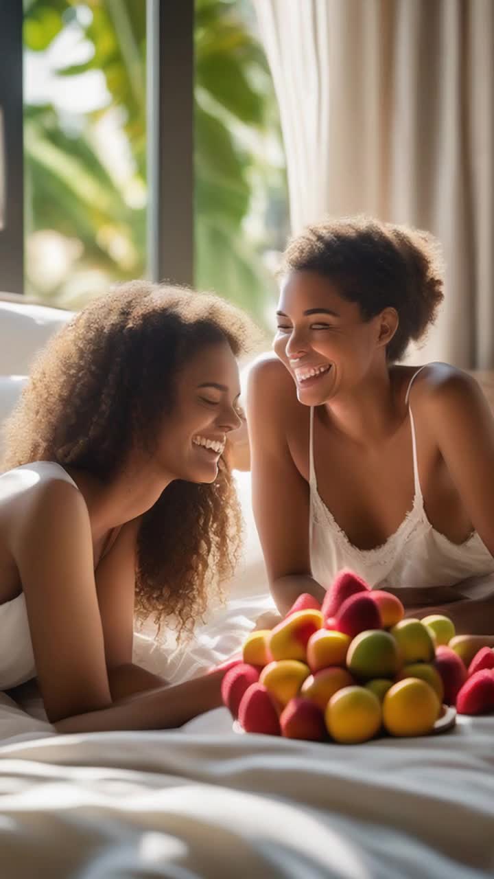 Two women with glowing skin and playful smiles lounge on a plush white bed adorned with vibrant, textured pillows choosing ripe, colorful fruits like juicy strawberries and tropical mangoes They lean into each other, sharing bites and laughter, skin brushing together as they indulge in flirtation Soft natural light streams through sheer curtains casting gentle shadows around them A cascade of flower petals spills from a nearby vase, creating a lush, intimate ambiance that heightens the playful atmosphere filled with soft giggles and whispered secrets