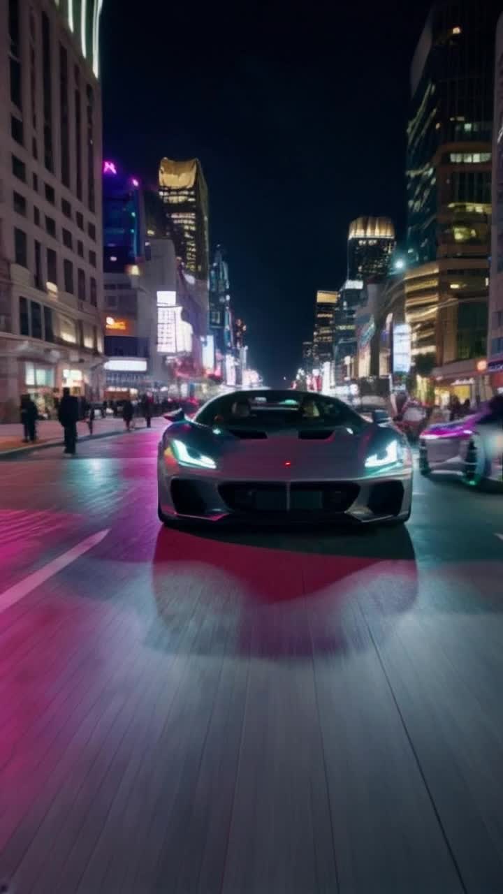 Futuristic sports car gliding down bustling city streets Neon lights casting vibrant reflections on glossy surface Engine roaring as it accelerates through the urban landscape Skyscrapers towering above pulsating with color Motion blur enhancing speed sensation while cinematic lighting creates dramatic atmosphere Urban nightlife alive with energy and movement 4K resolution capturing every detail