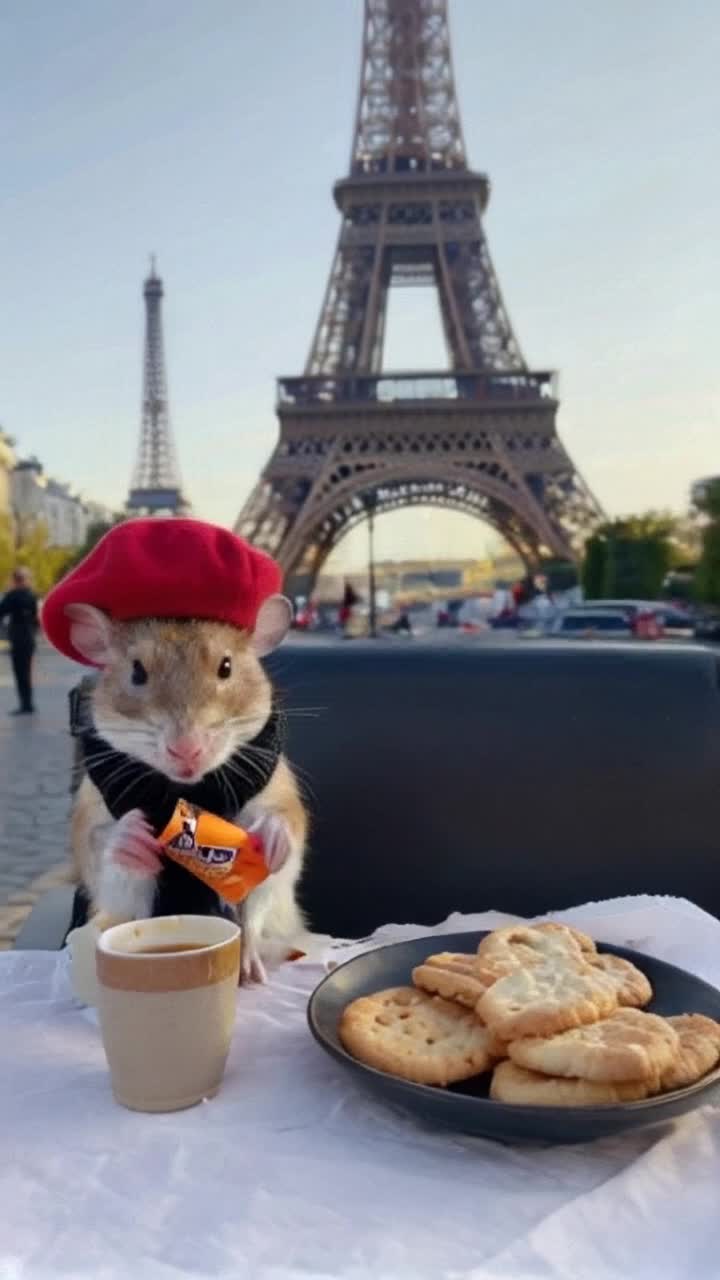 A cute little mouse wearing a red beret and black neck scarf, sits at a table with a tiny cup of coffee before him at mouse outdoor cafe The mouse holds a mouse sized packet of orange colored cheese crackers and holds up a tiny can of cheese spray, quickly opens the crackers to stay cheese and eat as a waiter mouse approaches holding a tray with a real wheel of cheddar and fresh bakery crackers The waiter mouse puts his nose up in snooty offence as he sets the tray down on the table and walks oddly away Maybe theres a white faced mime mouse with white gloves playing a violin and the Eiffel tower is far in the distance, sunny morning l