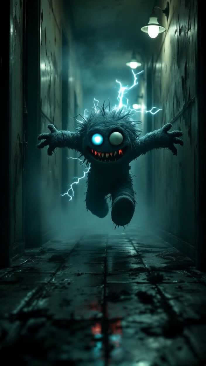 Menacing stuffed creature with mismatched button eyes races forward Glimmer of malevolent energy crackles around it Shadows dance along damp peeling walls in narrow claustrophobic hallway Flickering overhead lights cast eerie silhouettes on grimy floorboards