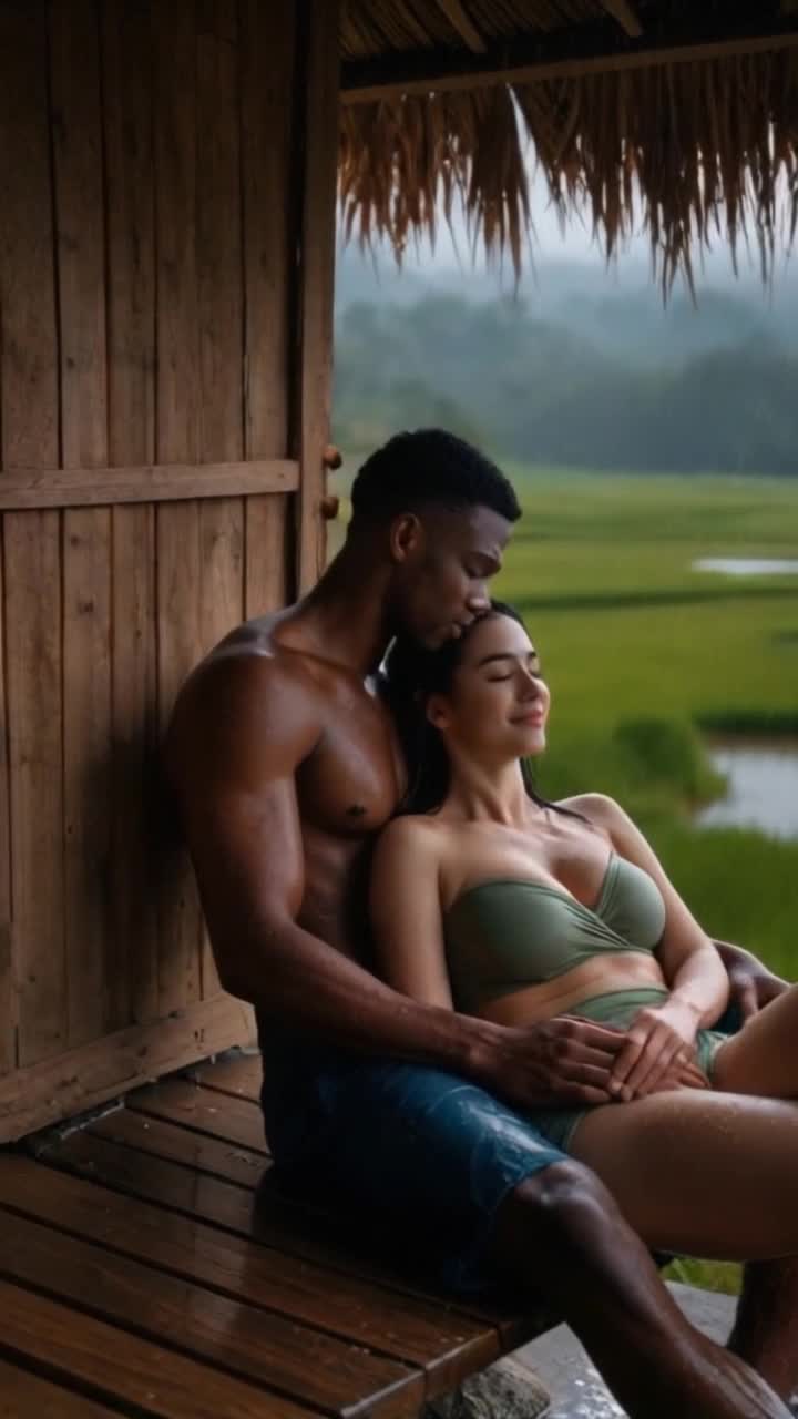 heavy rain, man massages woman
