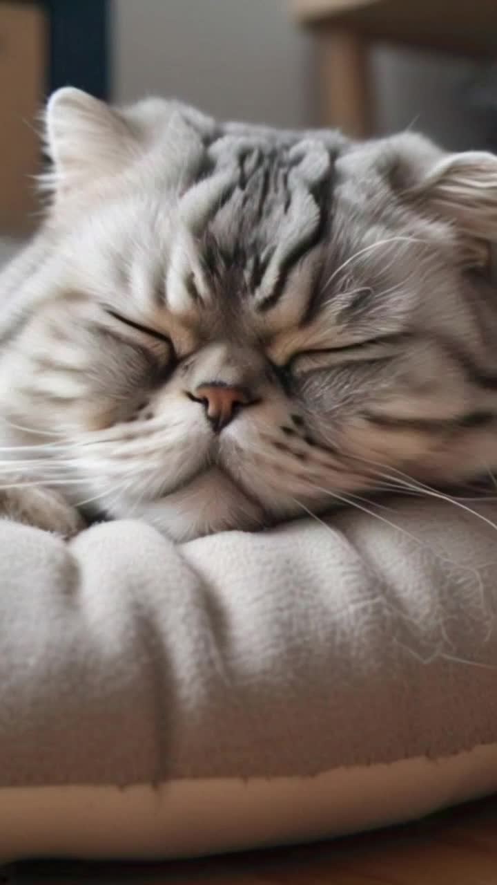 Charming feline with a deeply wrinkled face nestled on a colorful knitted blanket gently dozing off Radiant sunlight filters through a nearby window casting warm golden rays illuminating soft fur and creating a serene atmosphere Cozy room adorned with houseplants and vintage decor exudes tranquility as the tranquil purring echoes softly in the background