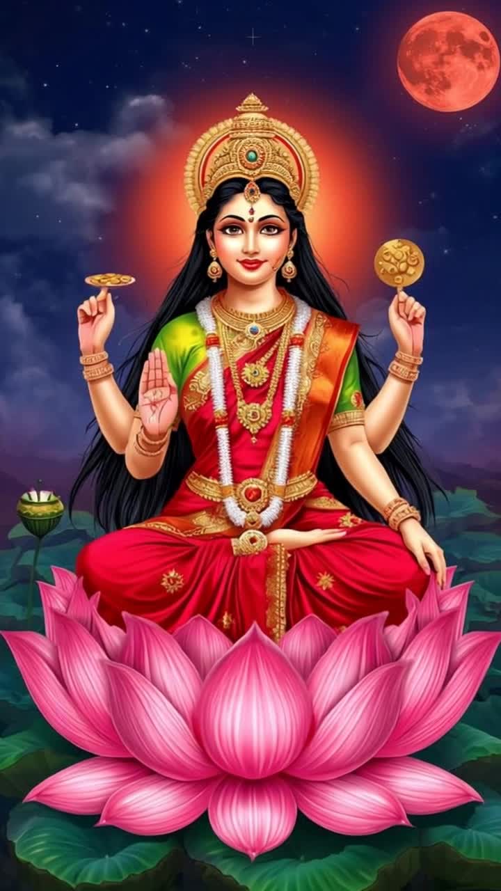 Make cinematic style video as goddess Lakshmi smiling gently, hairs swaying, moving hands gently, flower moving, huge amount of golden coins pouring down from goddess Lakshmi Devis create video with cinematic style Camera movements hand palm at the right side, 
