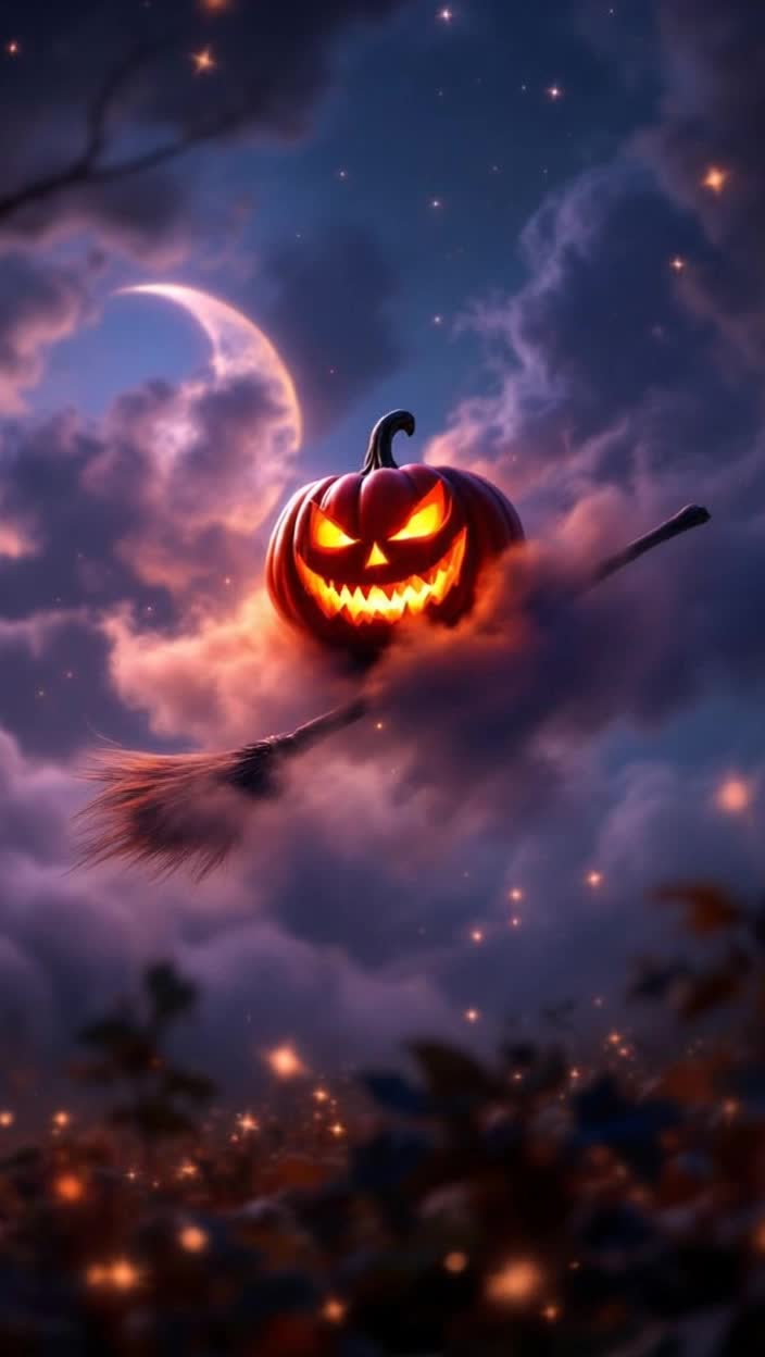 Enchanted pumpkin soaring high through the twilight sky cackling wickedly Emblazoned broom sweeping through wisps of clouds illuminated by a crescent moon Spectral fog swirling around casting eerie shadows over a pumpkin patch below sparkling stars twinkling like eyes watching the mischievous flight