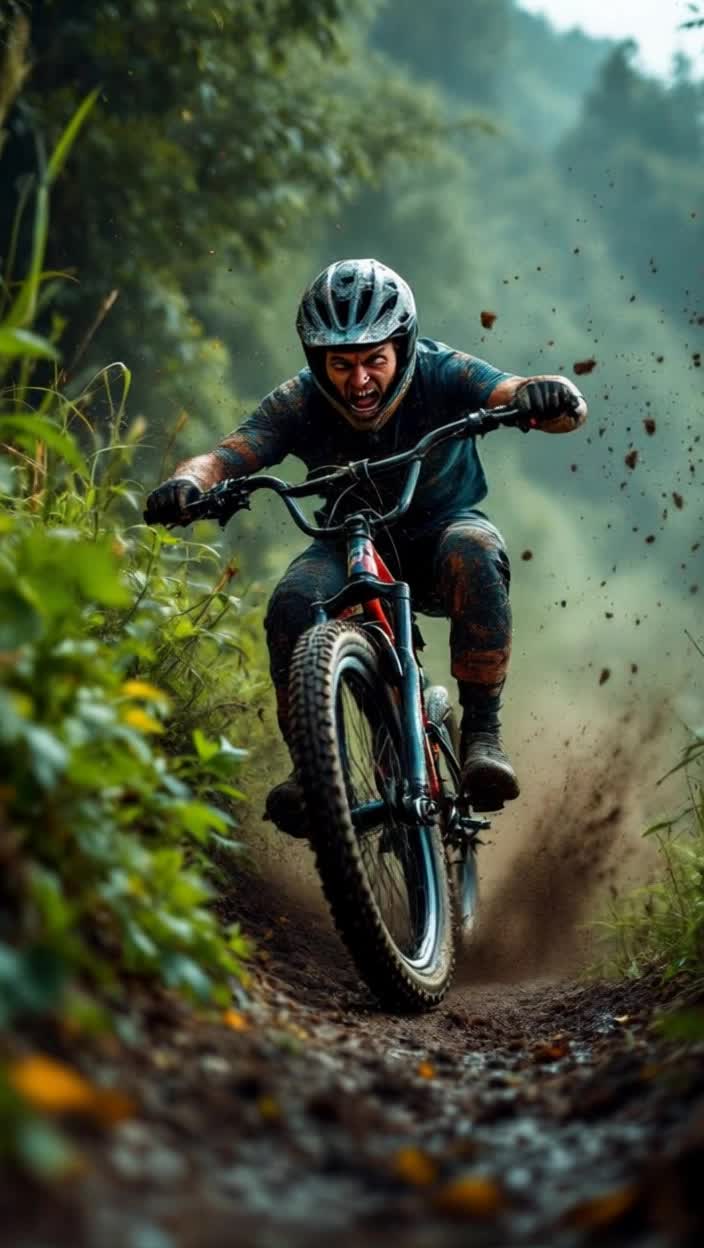 A cyclist on a BMX dirt bike crashes through dense, overgrown vegetation on a steep hillside, sending mud and grass flying His face is contorted with terror as he desperately holds on, hurtling directly down the slope and towards the viewer Cinematic action shot, low angle, dynamic lighting, high detail, reminiscent of the gritty realism of action sports photography, with a shallow depth of field and a sense of extreme motion
