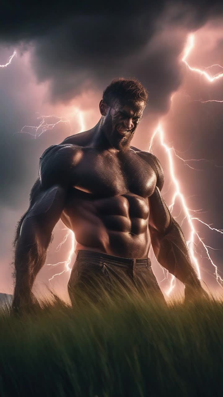 Colossal giant towering over vibrant landscape with a mischievous grin Arms outstretched as lightning strikes dramatically around him Brilliant flashes illuminating dark storm clouds while winds whip through nearby trees and grass creating chaos in natures fury