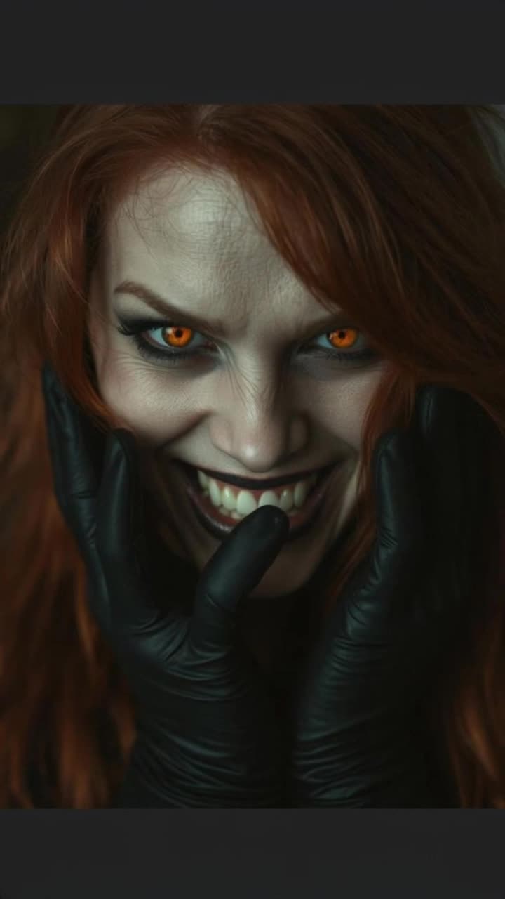 Beautiful red head woman, looking menacingly into camera, as her black gloves slides down her face she screams with rage, camera and filter flashes with demonic  colors