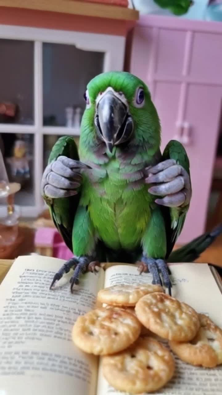 A  cute anime type, big violet blue eyed, green spider parrot with eight legs that have near human cat like paws speaks many languages as Polly eats crackers and daintily sips tea while contemplating mechanical physics on a zoomed bookclub meeting  Living in what looks like a dollhouse , with doll sized furniture