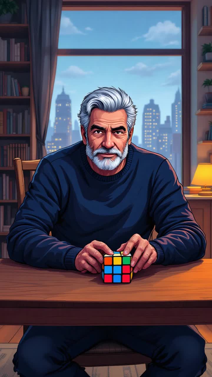 Grey haired hispanic man in his 50s finishing a Rubiks cube