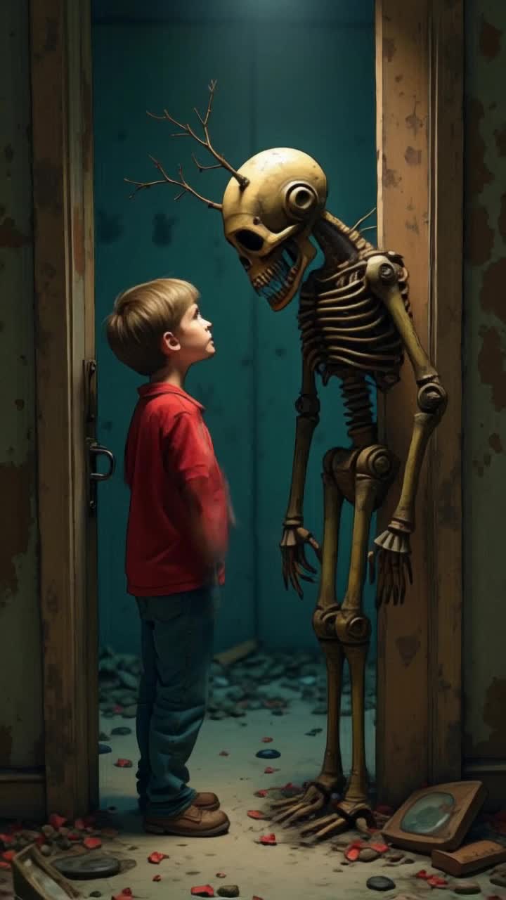 Two animated characters engaged in a heated debate animated arms gesturing wildly with frustration a male wearing a vibrant red shirt dramatically pointing his finger towards the head of a melancholy skeleton man whose bony features convey deep sadness and creating a stark contrast to the intense conversation echoing around them by pulling in to a zoom dolly action camera shortening depth of field