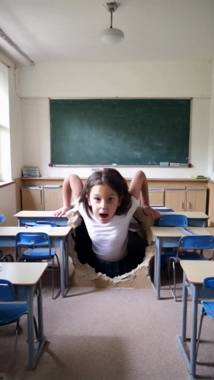 A giant schoolgirl stuck halfway through the floor of a second story classroom, as if she has just suddenly grown huge, smiling down at her classmates, Her upper body emerges from a massive hole in the floor, while her lower half remains out of view, Her head nearly touches the ceiling, making her appear enormous compared to the room Her smaller classmates stand around the hole, staring up at her in surprise, The classroom has desks, chairs, a chalkboard, and natural light from windows, The atmosphere is a mix of surprise and disbelief, The scene is highly detailed, realistic, and emphasizes the massive size difference between the giantess and the tiny students