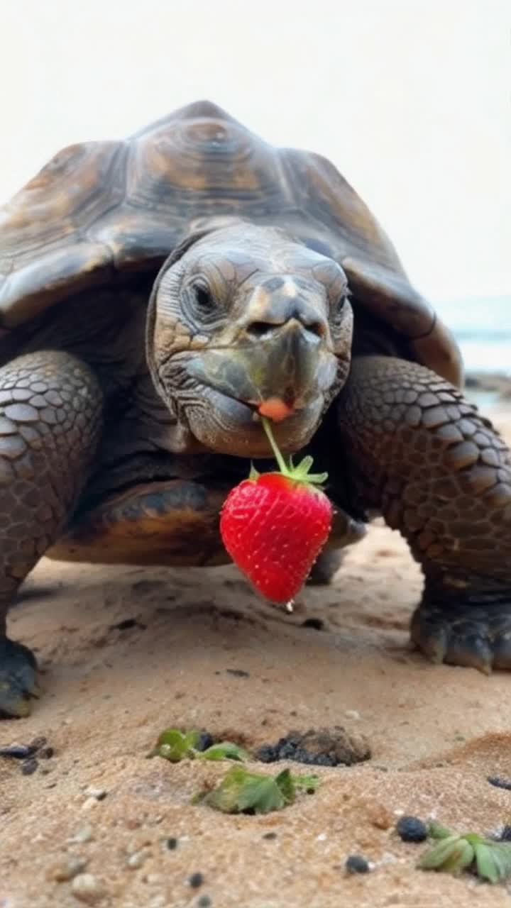 An old tortoise is on a beach while eating a strawberry, an old tortoise is on a beach while chewing on a strawberry, an old tortoise is on a beach with strawberry juices dripping from its face 