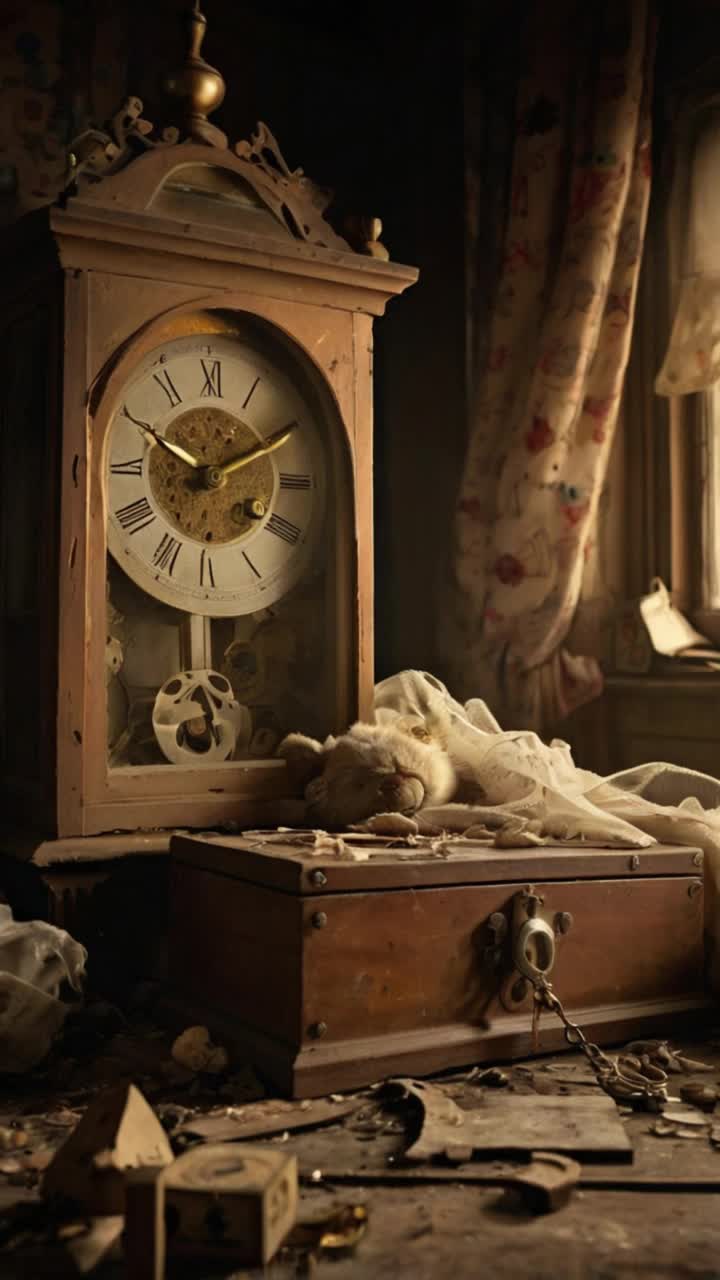 A dustchoked attic filled with forgotten belongingsan overturned toy chest spilling faded dolls and wooden blocks, a music box with a cracked porcelain ballerina, and an old grandfather clock stopped forever at 313 A single gold ring sits in a velvetlined box, tarnished with age The light from the attic window filters through grime, casting elongated shadows Amidst the clutter, a ghostly hand reaches from beneath a blanket of cobwebs to press lightly on the broken clocks face The air is chargedsomething ancient has stirred, summoned by sorrow stitched into the very objects once loved Gothic, melancholic, and deeply symbolic