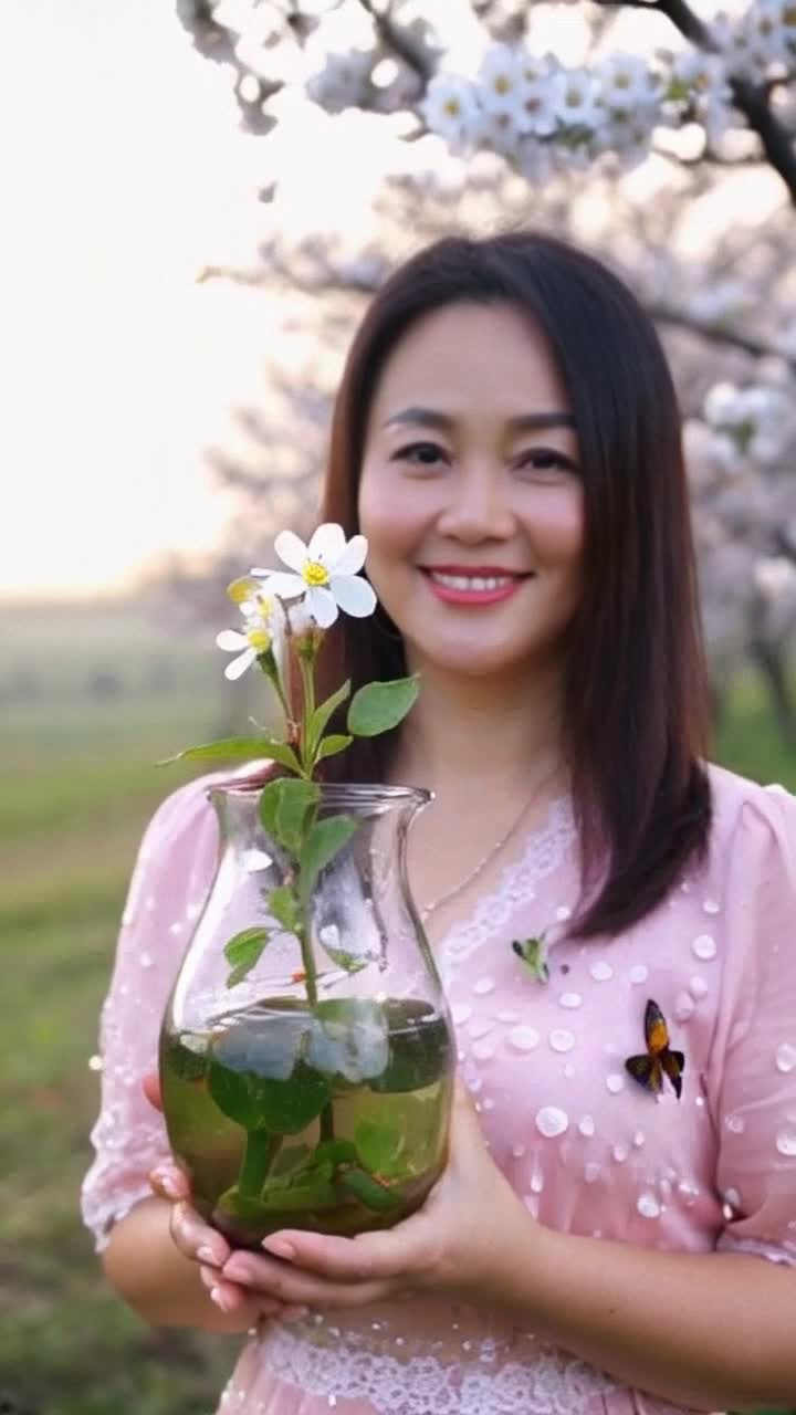 Guardian of SpringDescription  A smiling woman holds a vessel from which a primrose flower sprouts Her clothes are decorated with butterflies, dewdrops, and petals This is an image of renewal, hope, and awakening  Special features   Light green eyes   Vessel with floral ornamentation   Background  dawn, blossoming treesEra  Trypillia
