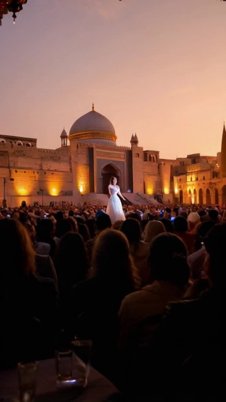 Jennifer Lopez radiant in elegant attire surrounded by captivated audience  vibrant energy pulsating through Azadi Square as she sings mesmerizing Persian melodies historical architecture standing tall illuminated by golden sunset sky
