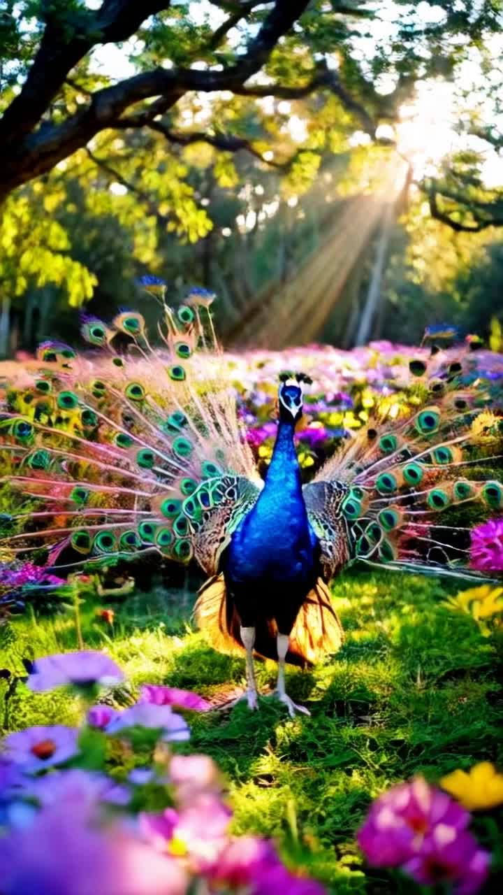 Majestic peacock displays magnificent radiant feathers showcasing vibrant hues of blue green gold Tail feathers shimmer elegantly under brilliant sunlight each eyelike pattern dances mesmerizing enchanted onlookers Lush garden bursting with blooming flowers swaying gently in soft breeze leaves rustling creating tranquil enchanting atmosphere golden rays filtering through tree branches casting playful shadows on vibrant petals