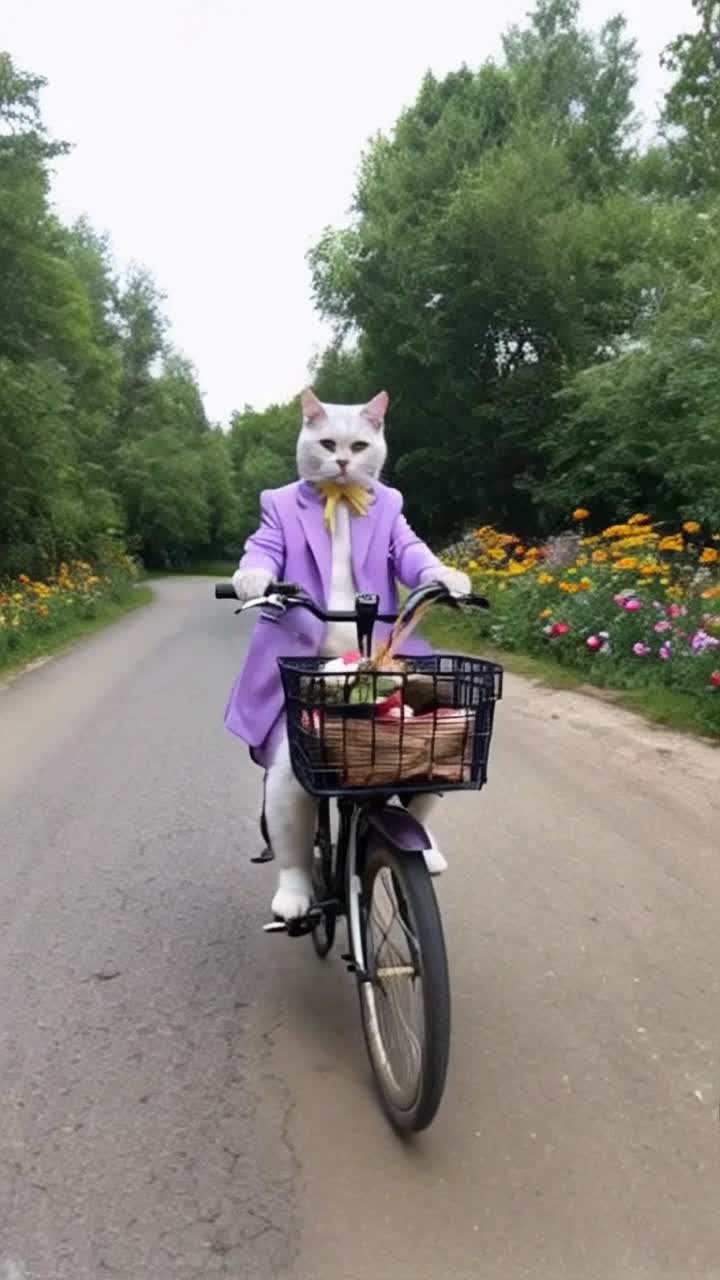 Shoed feet peddle a bike along a curving road on a flowery spring morning,  blooms are visited by birds and insects flying through trees from either side  As the view pans upward, leg pants gives way to the entire image of a Tabby cat happily riding the bike Shes got a purple blazer jacket on and wears a pretty lavender bonnet with a yellow ribbon rosebud pinned  There is a basket on the front of the bike with a smaller picnic basket inside A cat in nice clothes rides a bike in a picturesque day 