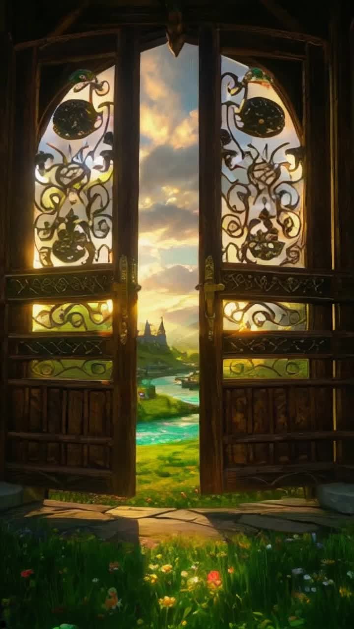 Intricate wooden doors embellished with shimmering runes stand tall Inviting whispers of enchantment swirl around as the doors creak open Revealing a lush vibrant landscape bursting with colossal flowers swirling clouds of iridescent colors in the sky Majestic creatures flit through the air casting playful shadows on the emerald grass Crystalclear rivers run through valleys adorned with glittering gems that catch the light A distant castle glimmers on a hillside bathed in golden sunlight beckoning adventurers to explore its mysterious depths