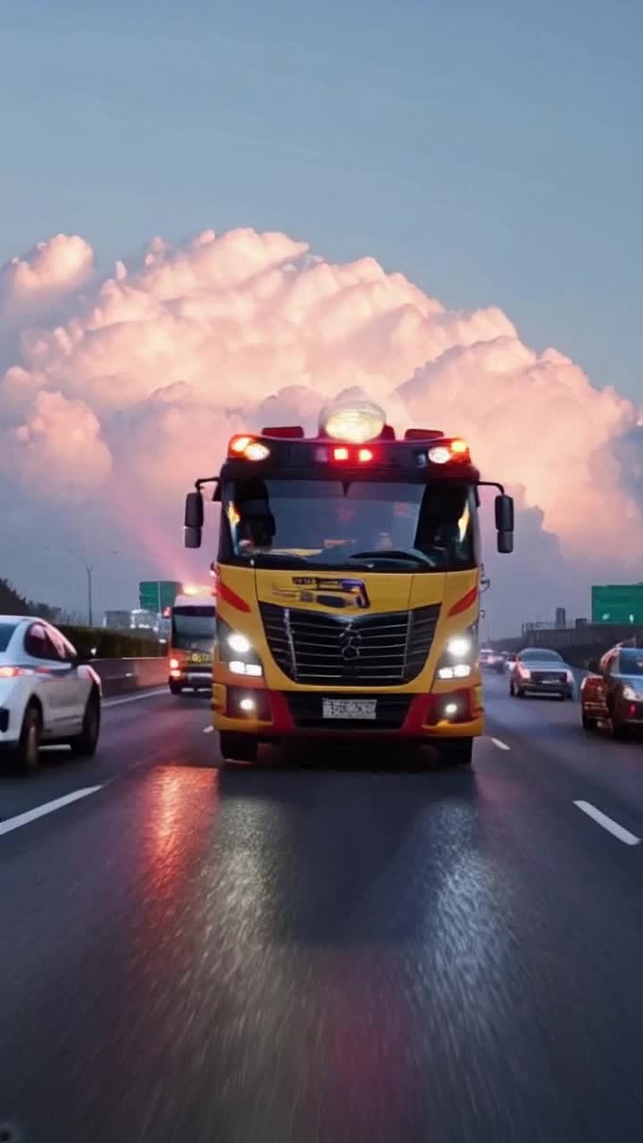 Futuristic fire bus gleaming in vibrant red and striking yellow black safety stripes racing down expressway lights flashing with urgency Highspeed rush thrilling emergency run at ninety mph sirens wailing bubble lights pulsating through dynamic scene Surrounding traffic bustling with cars trucks weaving animatedly amidst vivid natural colors Towering illuminated buildings flanking both sides creating a dramatic skyline in distance Fluffy white clouds drifting lazily from left rear adding depth to vibrant urban backdrop