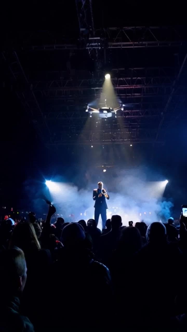 Former president with focused expression clutching phone delivering orders to military personnel amidst chaos Surreal scene unfolds as drone hovers overhead scanning crowd vibrant lights illuminating frantic fans pulsating with energy Nine Inch Nails performing iconic tracks electrifying atmosphere filled with smoke and colors as music vibrates through the air tension builds as silhouettes of concerned onlookers glance up toward ominous drone hovering silently above
