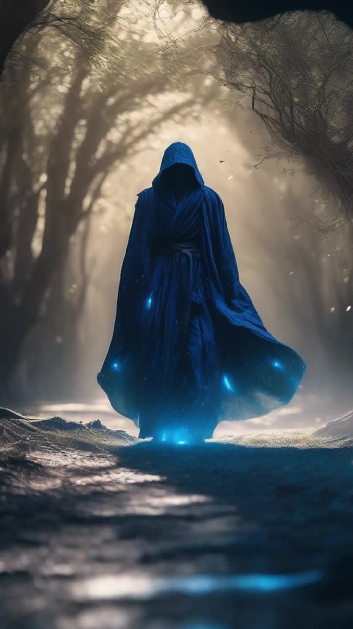 Ethereal Jedi ninja cloaked in flowing dark fabric gliding effortlessly through shadows exuding an air of mystique. Spiky hair illuminated by vibrant atomic blue energy pulsating with intensity. Moonlight filters through ancient trees creating a dappled pattern on the ground. Whispers of wind carry secrets while unseen creatures rustle in the underbrush. Silhouettes of distant mountains loom in the background hinting at epic adventures ahead. A sense of purpose radiates from every movement as the ninja navigates this serene yet powerful landscape
