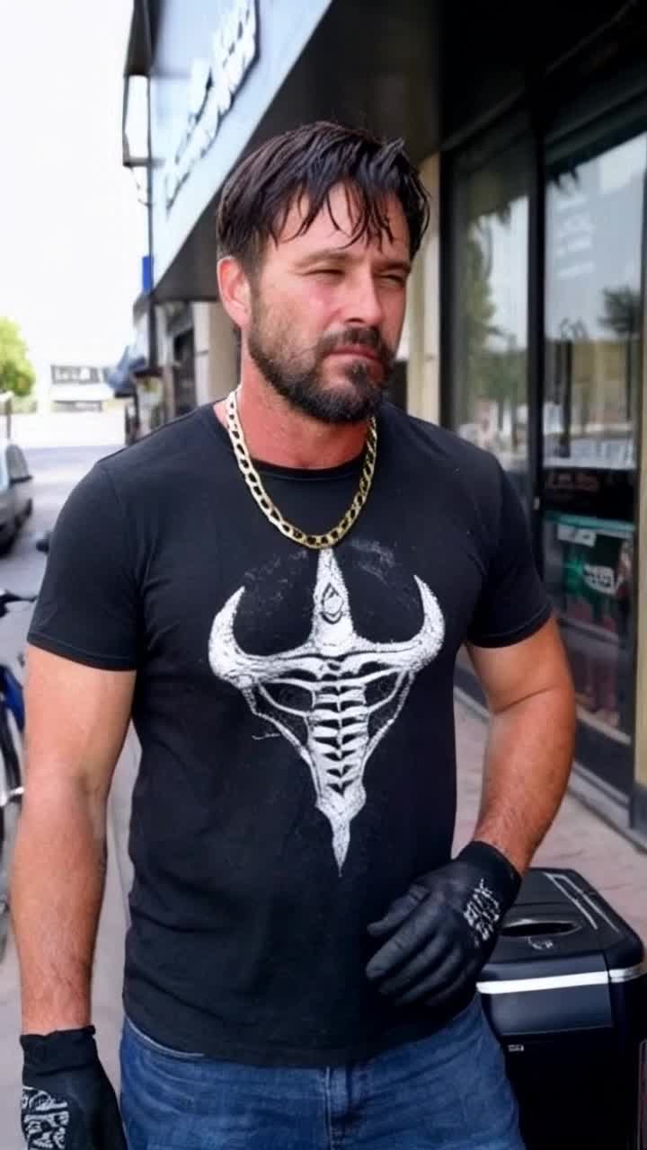 A 400 lb man in blue jeans and a black tshirt with a skeleton design ribcage on it wearing fingerless gloves he has greasy brown hair and is sweating outside on the sidewalk next to him is a bike and a short latin man with short black hair a grey tanktop a lined up beard and he is wearing a Cuban chainlink necklace there is a cooler that reads raul ice 