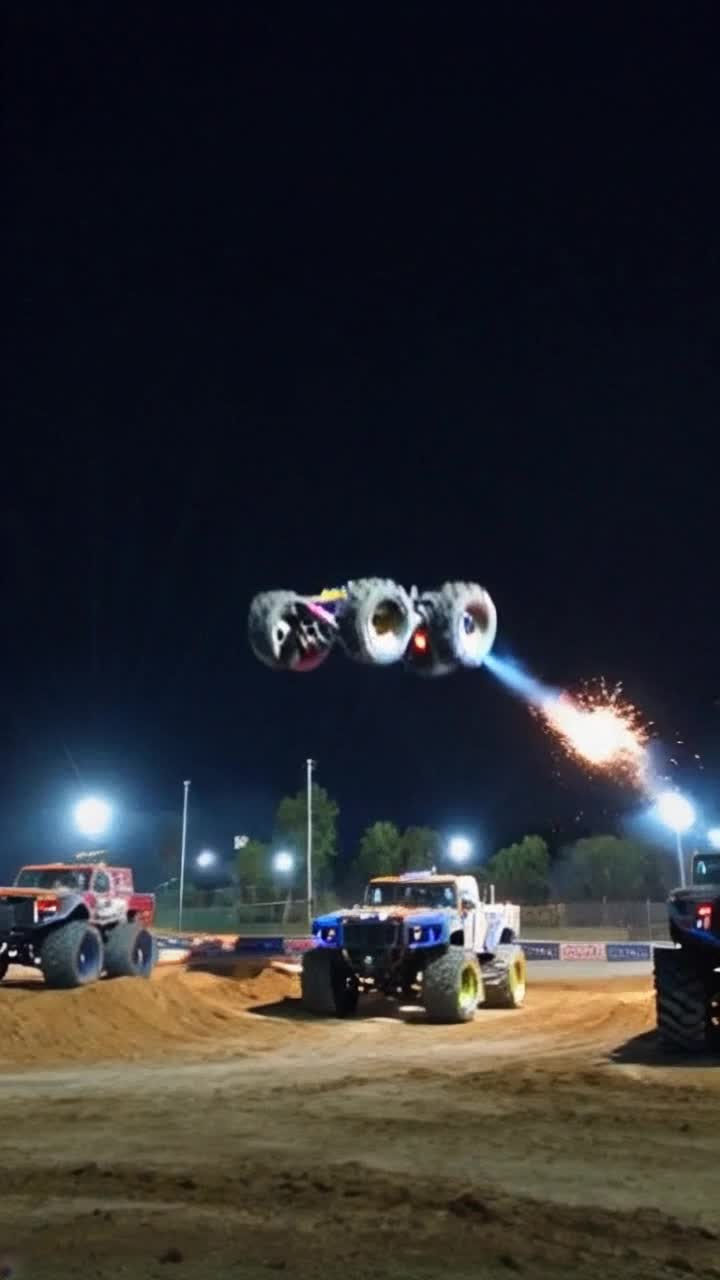 Vibrant monster trucks with colossal wheels soaring through the sky performing thrilling jumps and gravitydefying somersaults Highspeed spins leaving trails of colorful sparks and patterns illuminating the scene Roaring thunderously beneath a dazzling night sky filled with vivid lights flickering in an electrifying atmosphere