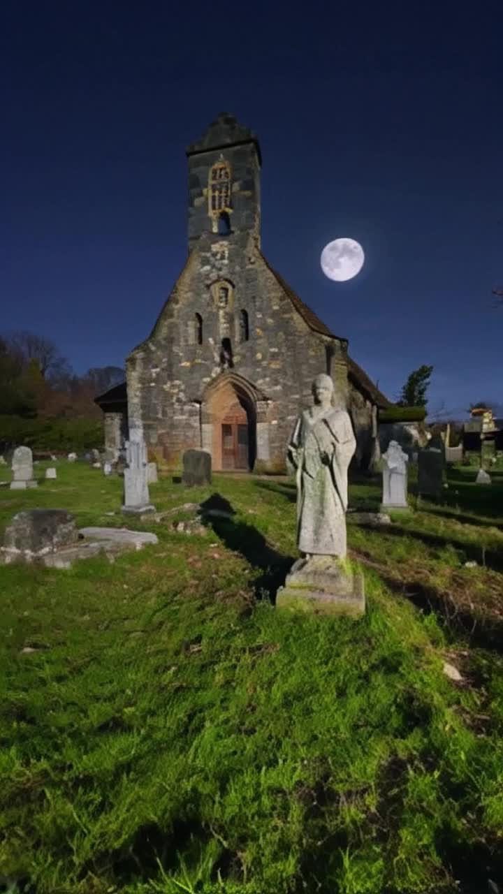 An ancient misty weed choked graveyard with an ancient stone church in Ireland the graveyard has beautiful marble moss covered stone statuary coming to life walking around the sky is a dramatic and displays a beautiful full moon