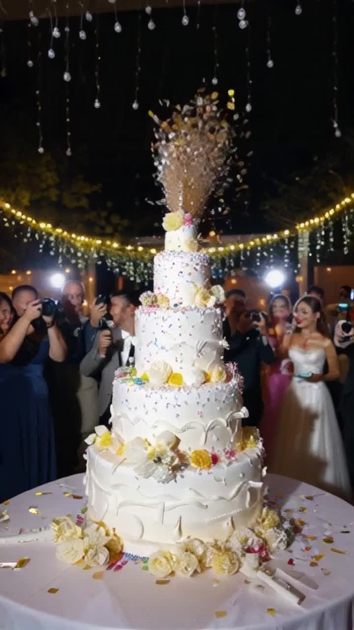 Majestic towering wedding cake adorned with intricate sugar flowers and shimmering pearls bursts apart explodiny colorful confetti and creamy frosting on blissful bride and groom celebrating love surrounded by joyous guests in an elegant ballroom filled with twinkling fairy lights and lavish floral arrangements where laughter echoes and cameras flash capturing the unforgettable moment