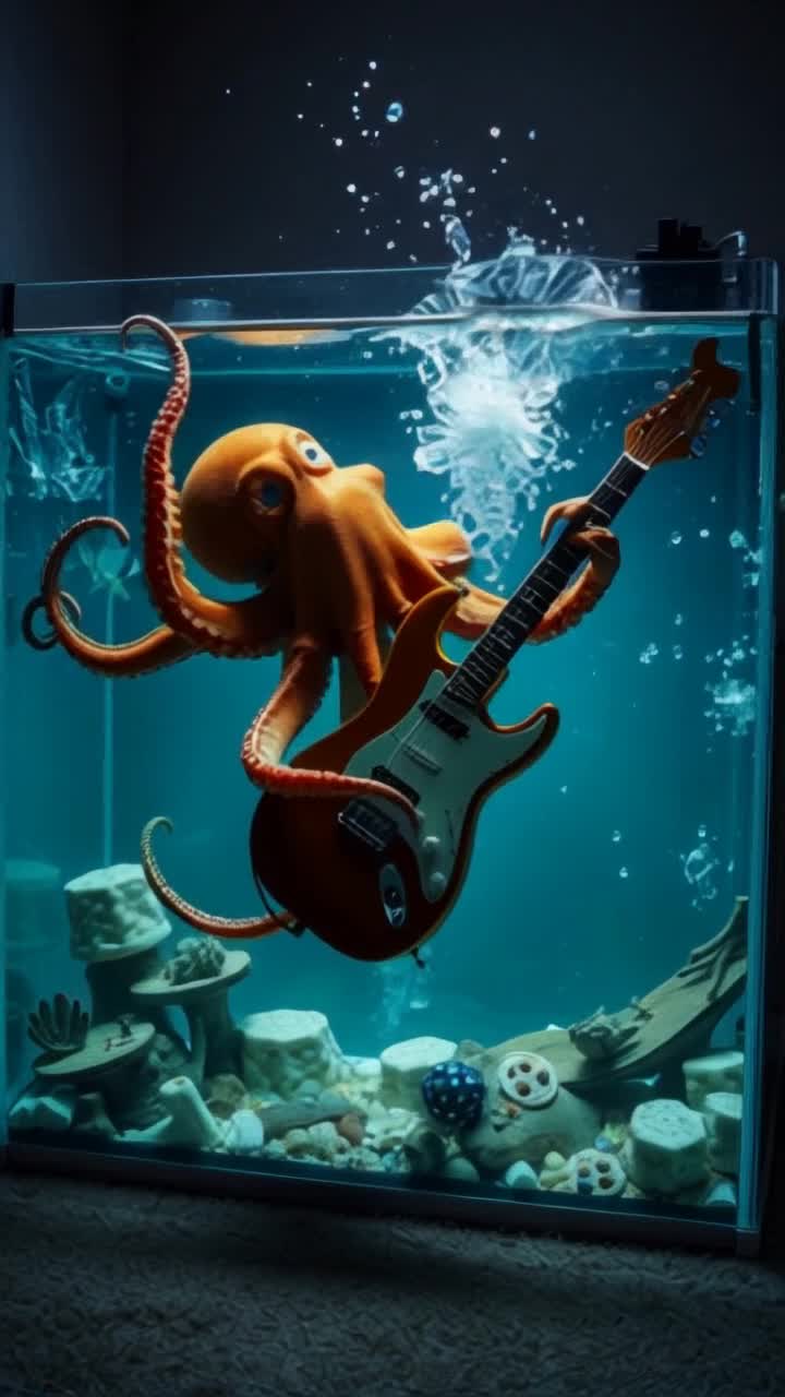Realistic Salt Water Fish Tank with an Octopus suctioning its tentacles against the glass, the tentacles reach far away into the room to grab an electric guitar, Octopus breaks the fish Tank glass sending the water and other various sea contents, Octopus surfs out on the water strumming a surf song on the electric guitar