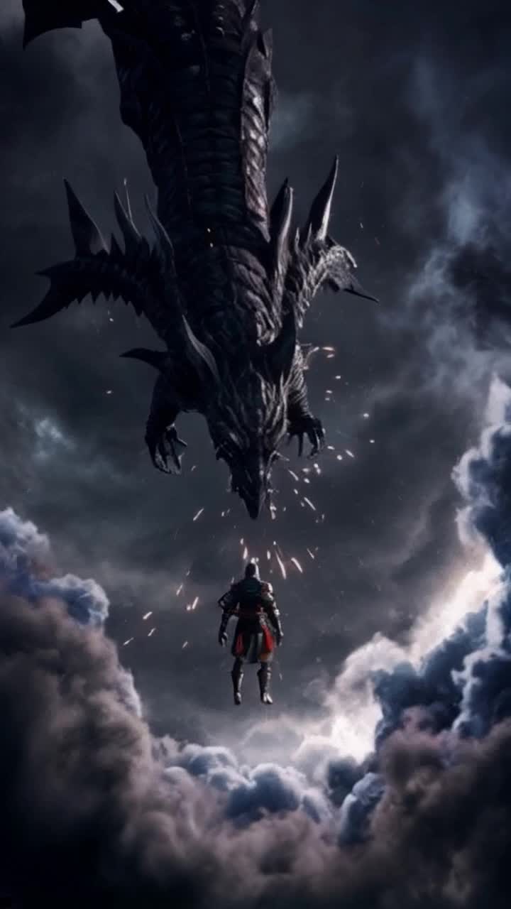 A lone hero mid-air suspended in awe striking gaze with a towering menacing demon shrouded in swirling shadows fierce determination igniting within him surrounding chaos of crackling energy and dark clouds swirling ominously hinting at an epic confrontation haunting whispers echoing through the air illuminating the tension as the moment stretches eternity shrouded in anticipation