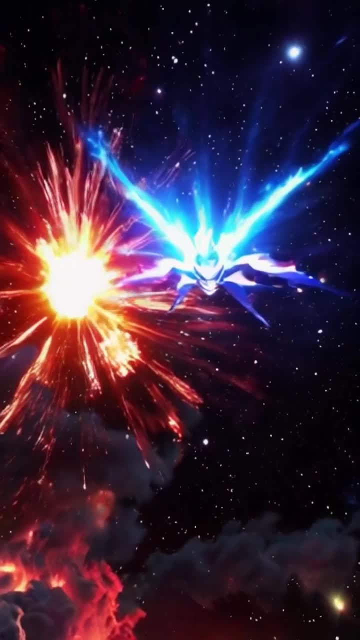 Bold, Cinematic, Explodes, Dynamic Motion, Red gel lighting, Low angle, chosen super Saiyan warrior from the 7th dimension with spikey hair radiating atomic blue energy battles demons and witches then hero poses and flexes his muscles 