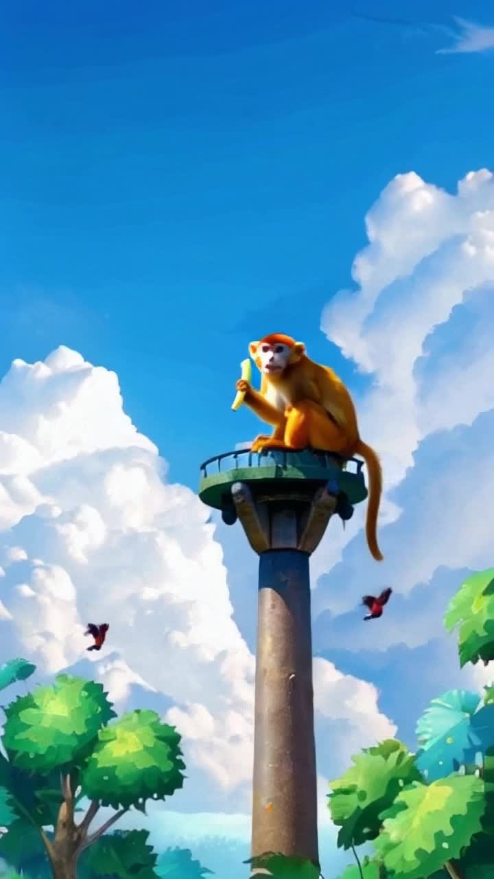 Colorful monkey swinging playfully atop a tall vibrant tower munching on a ripe banana while wiggling its hips in joyful rhythm Bright blue sky dotted with fluffy white clouds creates a lively atmosphere with birds chirping and a gentle breeze rustling the leaves below in a lush jungle setting