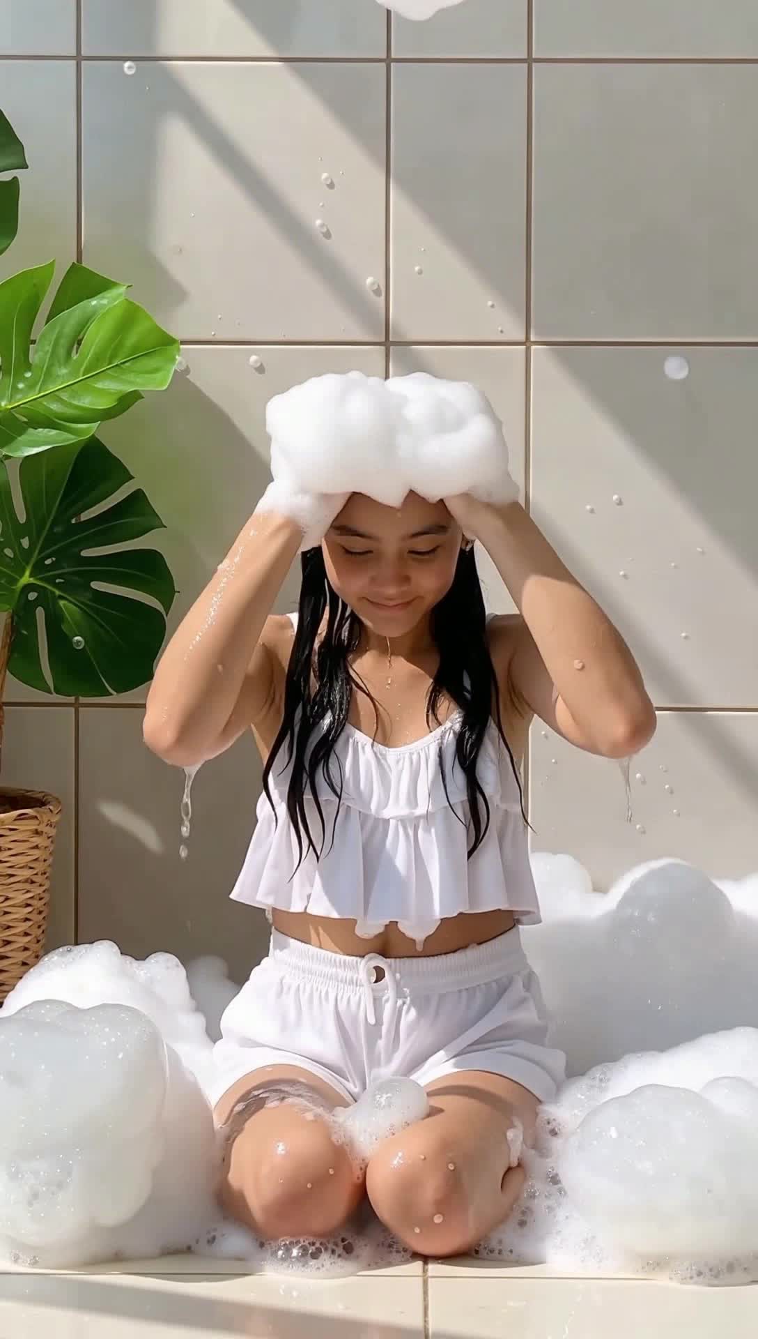 Teenage woman surrounded by fluffy clouds of white foam playfully lathering her hair under cascading water droplets sparkling like diamonds against her skin sunlit bathroom radiating warmth with reflections dancing on smooth tiles potted plants adding a touch of nature creating an atmosphere of serenity and relaxation