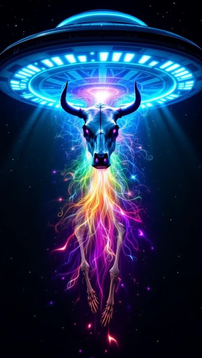 A cows skeleton floating up inside a ufo, the cow is vomiting out psychedelic colors and patterns, cow skeleton being abducted by a ufo