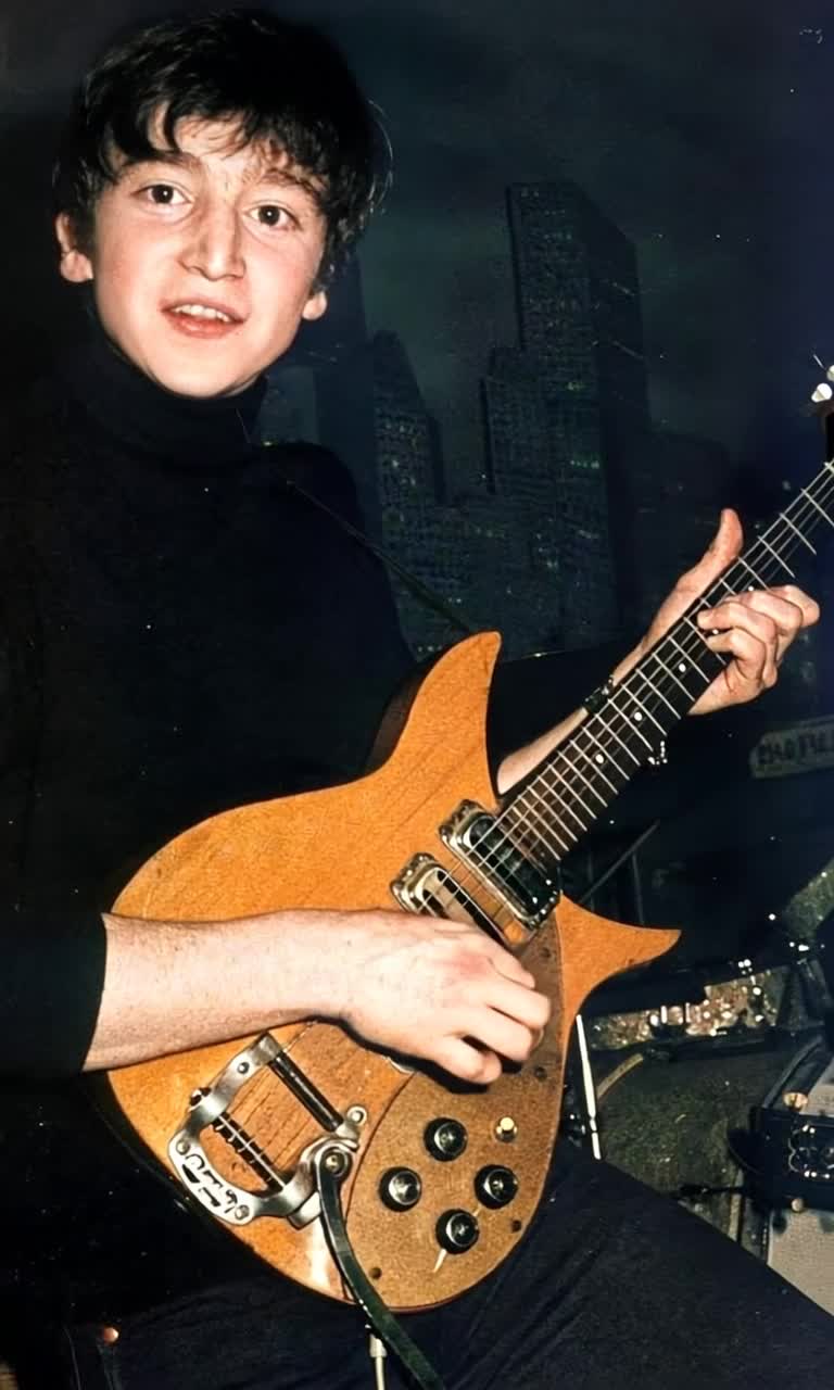 A 13 year old male guitarist gently fingerpicking with his right hand, his left hand on the frets on the neck as he gazes with a big smile on his face as he is playing the guitar , keeping the face visible and animated