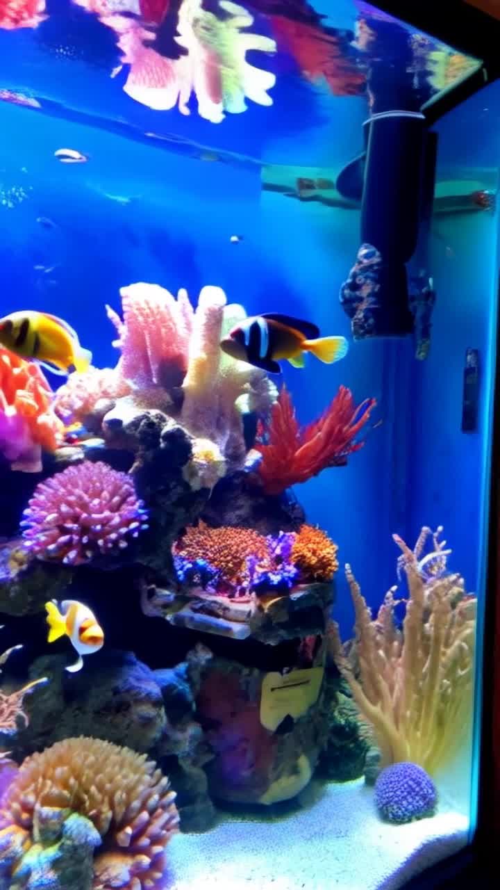 Giant aquarium brimming with vibrant coral formations and lush aquatic plants School of saltwater fish darting playfully Clownfish with orange and white stripes swirl around vivid purple Royal Gramma while Flame Angelfish glides gracefully past Yellow Tang and Blue Green Chromis Piratethemed decor enhances underwater adventure Chest adorned with shimmering jewels nestled in coral Reef teems with life creating mesmerizing spectacle of colors Bubbles float upward as fish explore every nook and cranny in this breathtaking aquatic wonderland Highdefinition realism captures every detail inviting viewers into this enchanting undersea realm