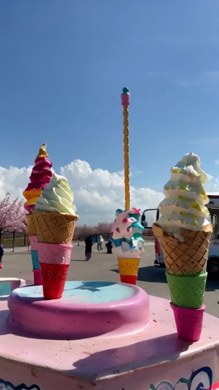 Animated, colorful ice cream cones stacked high with vibrant scoops of flavors spinning slowly on a pastel colored carousel dripping with melted sprinkles rising sunlight casting a warm glow soft summer breeze rustling nearby cherry blossoms bright blue sky above playful laughter of children in the distance enchanting melodies from ice cream truck fading away 
