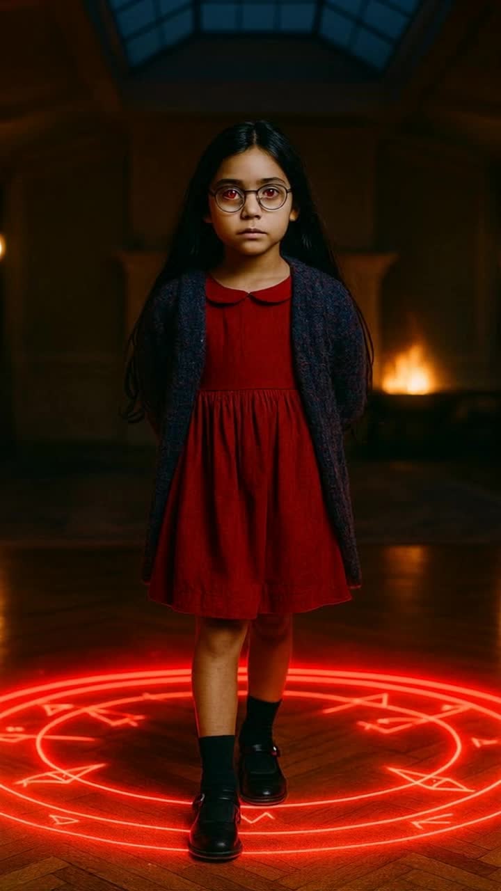A 9yearold girl of mixed heritage, half white and half Latina, with long, flowing black hair and striking red eyes She wears glasses and is dressed in a vibrant red dress paired with a cozy blue and purple yarn coat Her outfit is completed with black socks and buckle shoes standing at a ritual circle in a glowing red, in a large, immaculate room lit with a fireplace, and a large skylight 