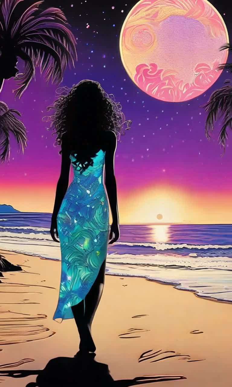 Goth girl with medium curly wavy hair vibrant delicate beach dress elongated features starlit beauty  Glides gracefully along exotic Hawaiian beach night luminous footprints create glowing bioluminescent imprints  Surreal landscape filled with colorful palm trees softly glowing vibrant hues silhouette of a distant volcano slowly erupting against a sky blanketed in amazing stars crescent moon shines radiant illuminating glossy porcelain backdrop encapsulating microcolor splashes depth vibrancy of scene