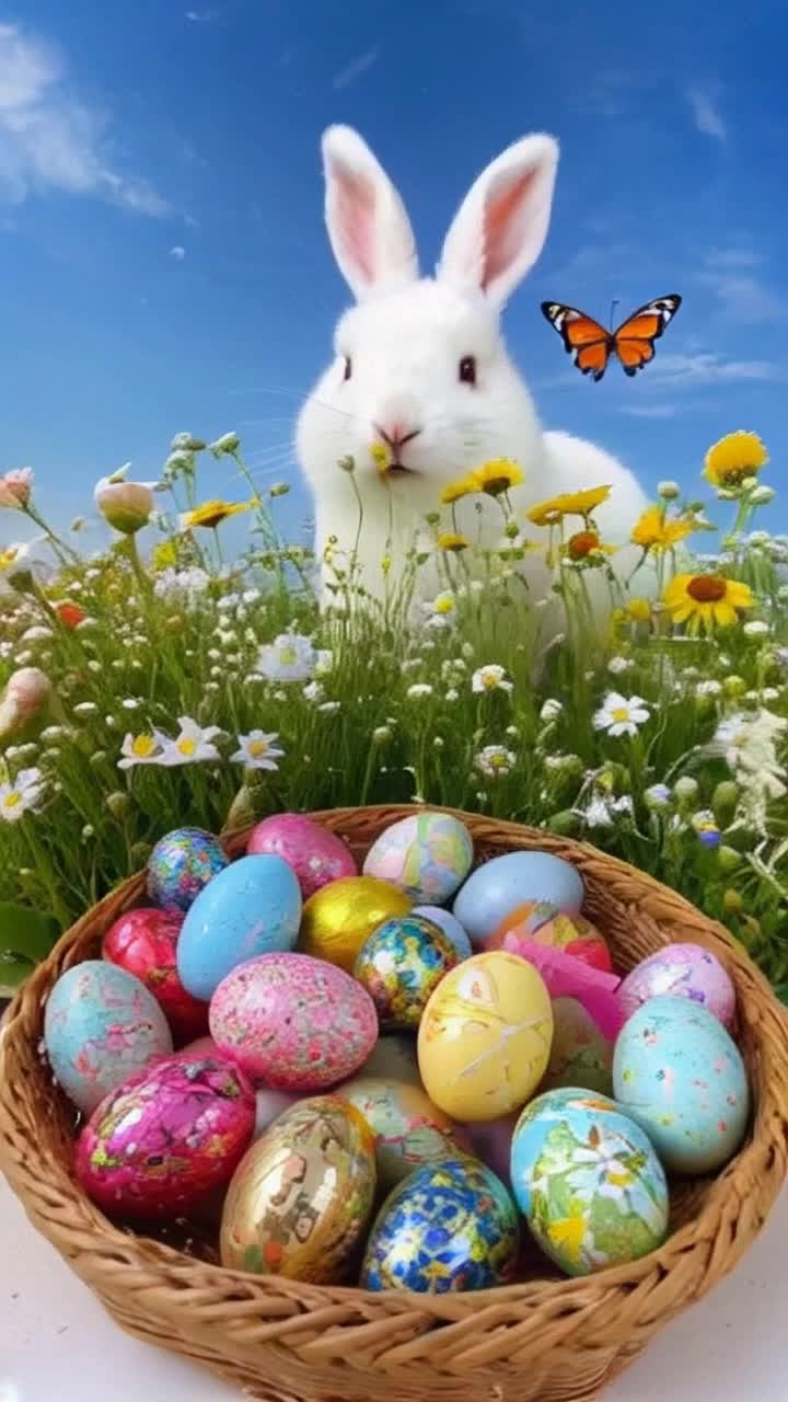 Vibrant sparkling easter eggs in dazzling hues dozens of playful candy treats nestled within a whimsical woven basket joyous easter bunny hopping excitedly among blooming wildflowers in a sunlit meadow radiant colors of spring surrounding every detail with a clear blue sky overhead butterflies fluttering gracefully adding a magical touch to this cheerful celebration of springtime joy